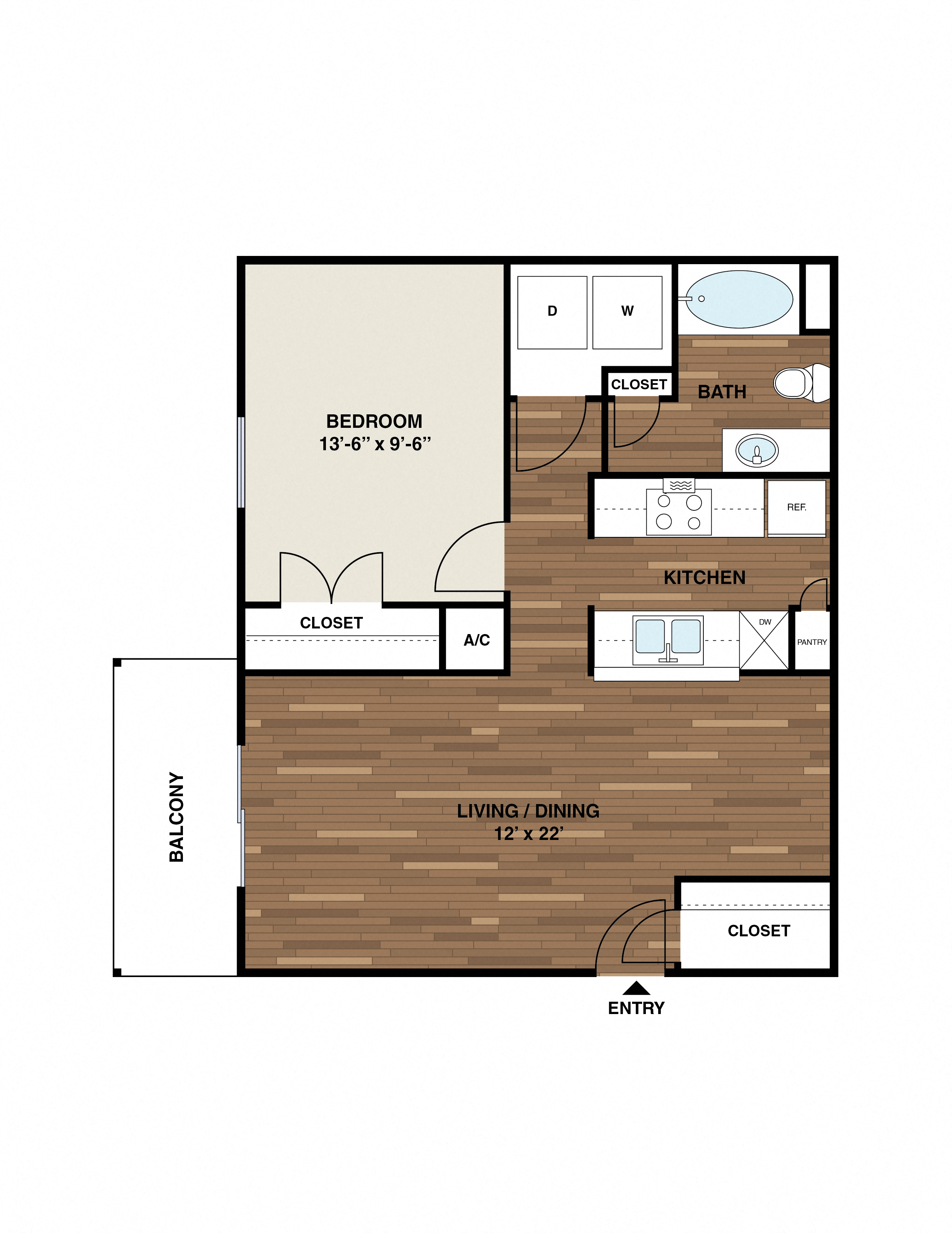 Floor plan for 1 bed, 1 bath, 700 sqft